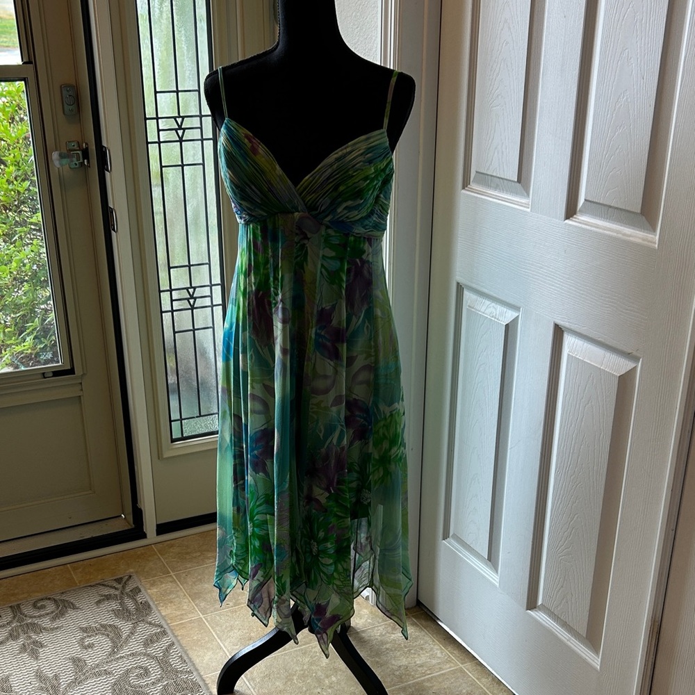 Sue Wong Green and Blue Floral Asymmetrical Handkerchief Hem Dress